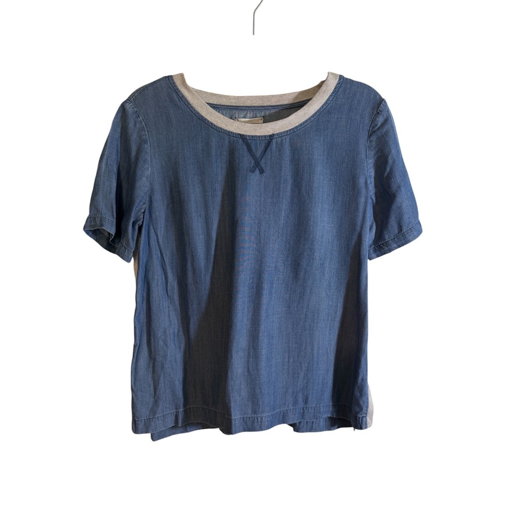 Lou & Grey Chambray Top Blue M Womens Short Sleeve Lyocell Casual